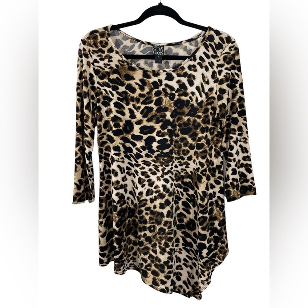 Clara Sunwoo Leopard Animal Print Asymmetric 3/4 Sleeve Jersey Tunic Top Size S‎